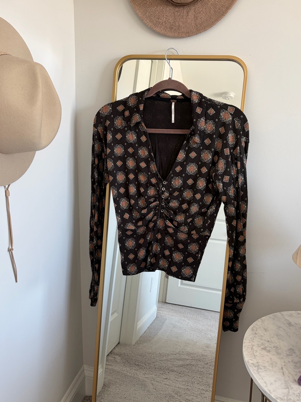 Free People Black Printed Long Sleeve Ruched Button top